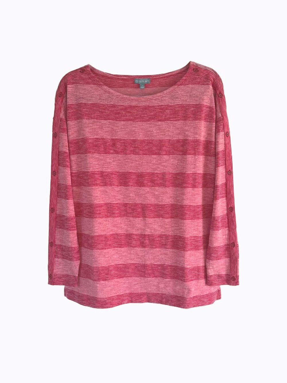 Pink Red Striped Tee M Round Neck Button Accents Preppy Nautical Coastal Grandma